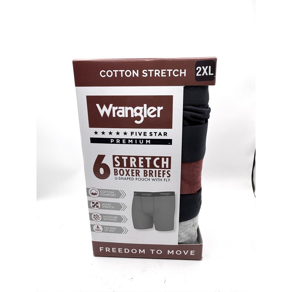Wrangler Boxer Briefs Mens 2XL 6 Pack Five Star Premium Cotton Stretch Navy Grey